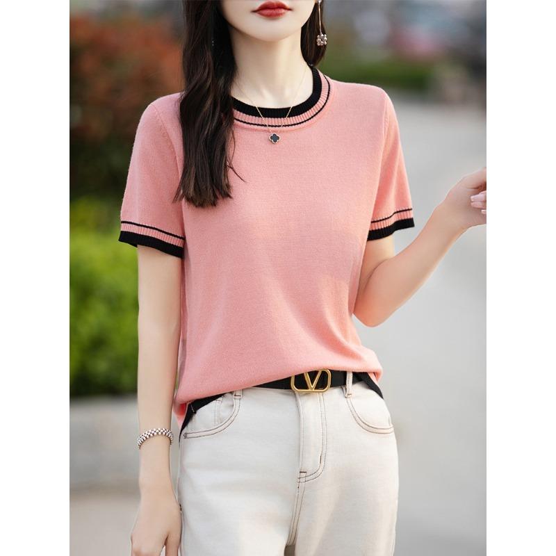 Women's Summer Thin Color Matching Round Neck Short Sleeve Knitted Bottom Top