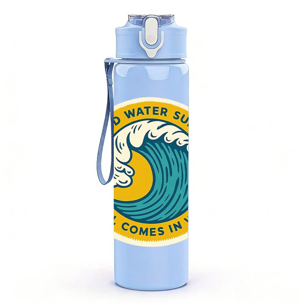 1PC Ocean Wave Circle Badge Surf Print 750ml Color Plastic Sports Water Bottle Leakproof Flip Straw Lid Suitable for Sports Office Home Use