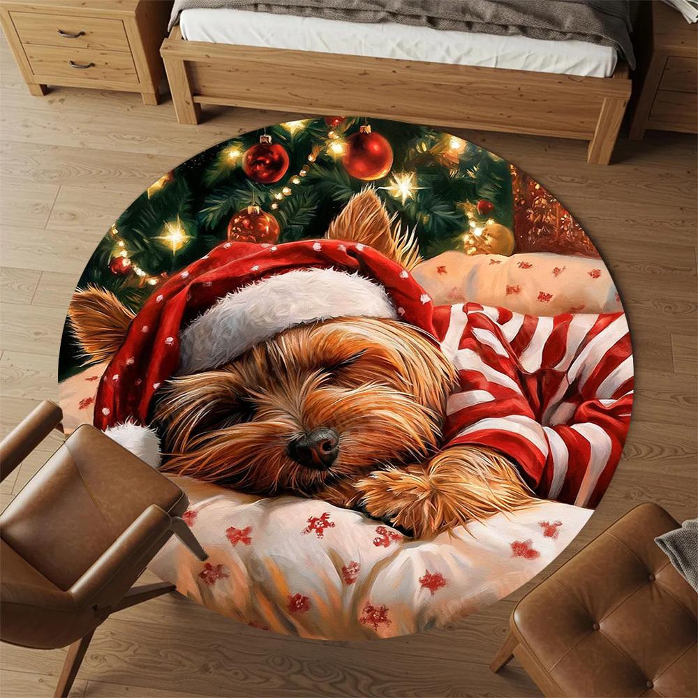 1 Stück Weihnachten Hund Büro Runder Teppich, Unter Bürostühlen Schlafzimmer Wohnzimmer Heimdekoration, Teppich für Büro, -1110212