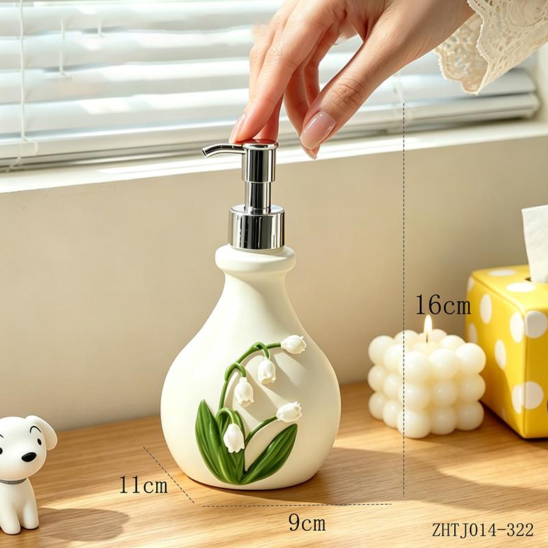 Modern White Ceramic Soap Dispenser Bottle Embossed Lily of the Valley for Bathroom Kitchen Sink Decor Housewarming Gift