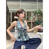 Designed Retro Plaid Beautiful Back Halter Top for Women Summer Bow Slim Sleeveless Outer Wear Sweet Hottie Top