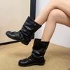 Spring boots bow slim round head fashion niche design loose pile medium boots black