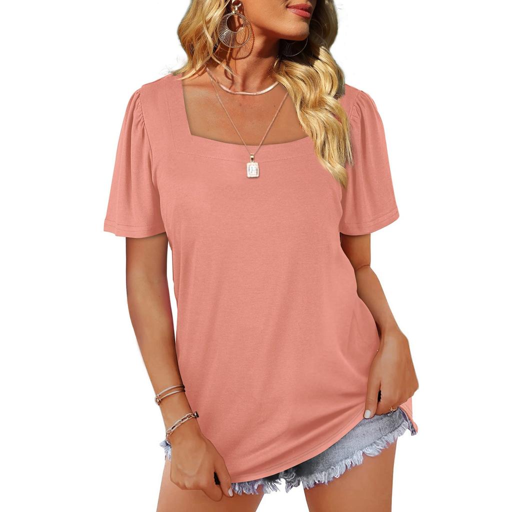 Women's Fashion Casual Square Neck Short Sleeve Solid Color Tops Blouse