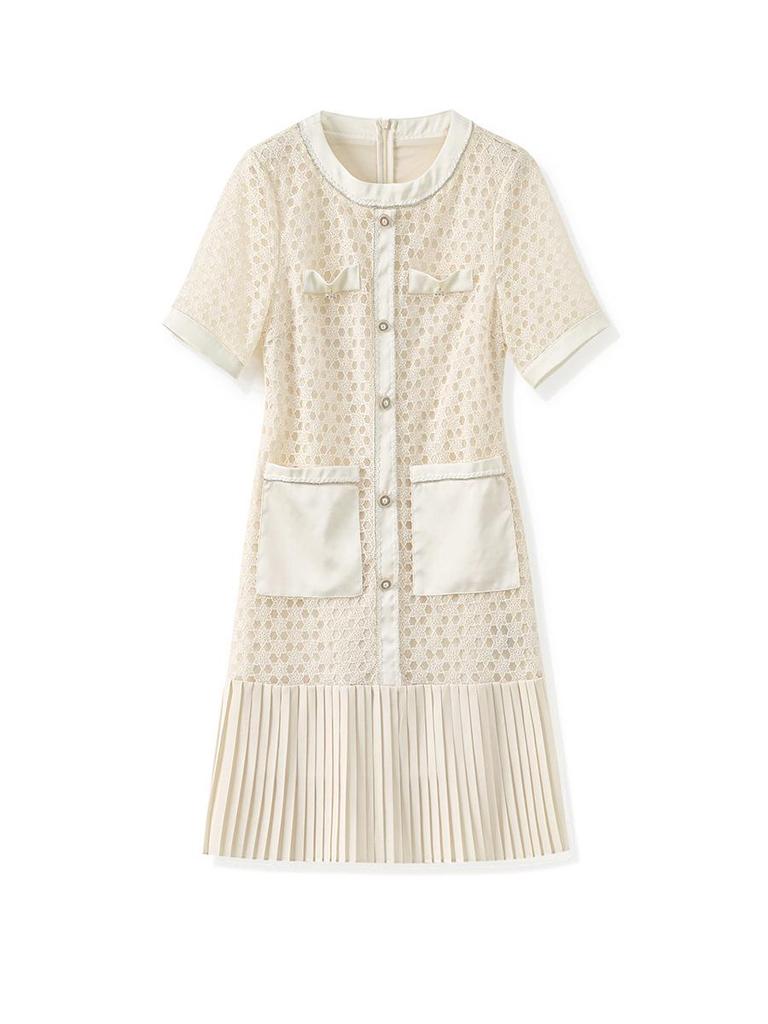 French Quiet Luxury Water-Soluble Lace-Chiffon Pleated Summer Dress