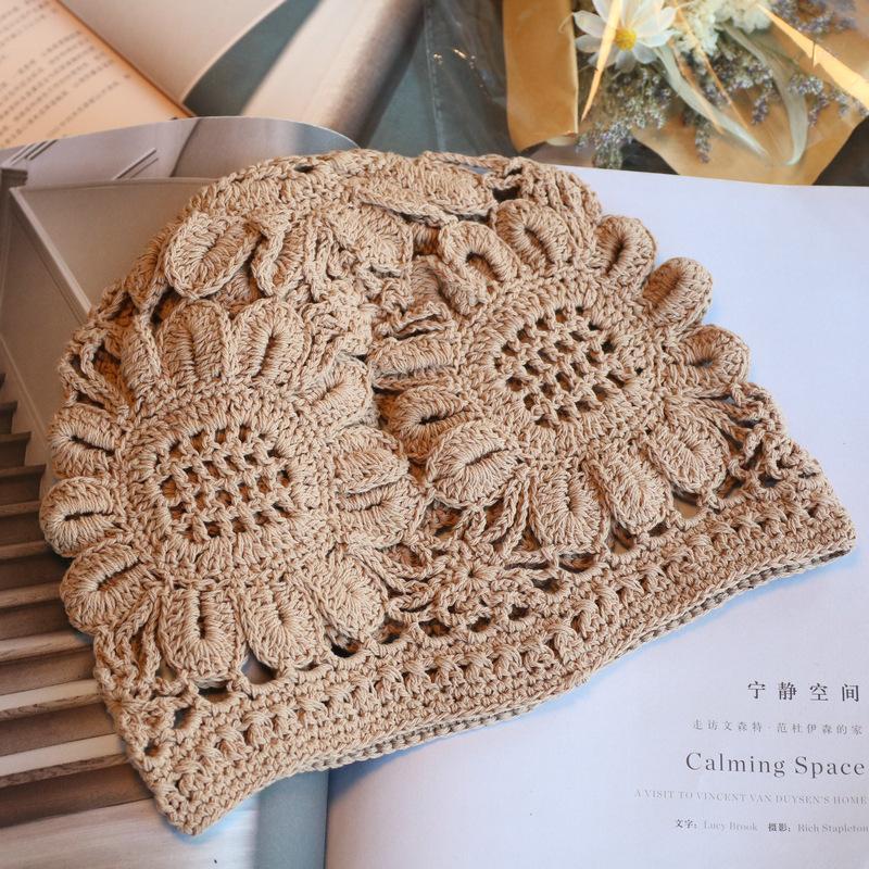 Ethnic Exotic Style Wide Hand Hook Sunflower Retro Baotou Hat Spring and Summer Hollow Cotton Thread Knitted Hat