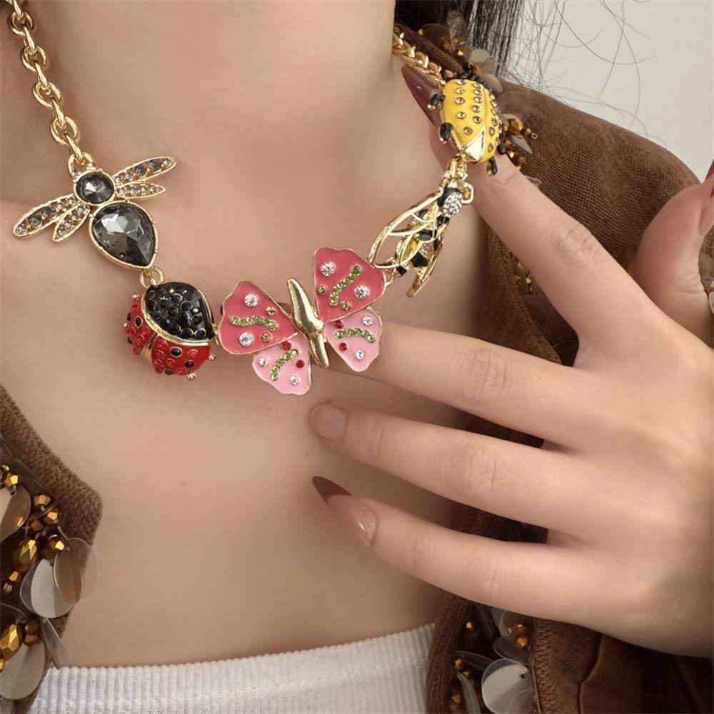 Colorful Vintage Enamel Necklace Metal Chain Insect Earrings Fashion Insect Pendant Necklace  Women