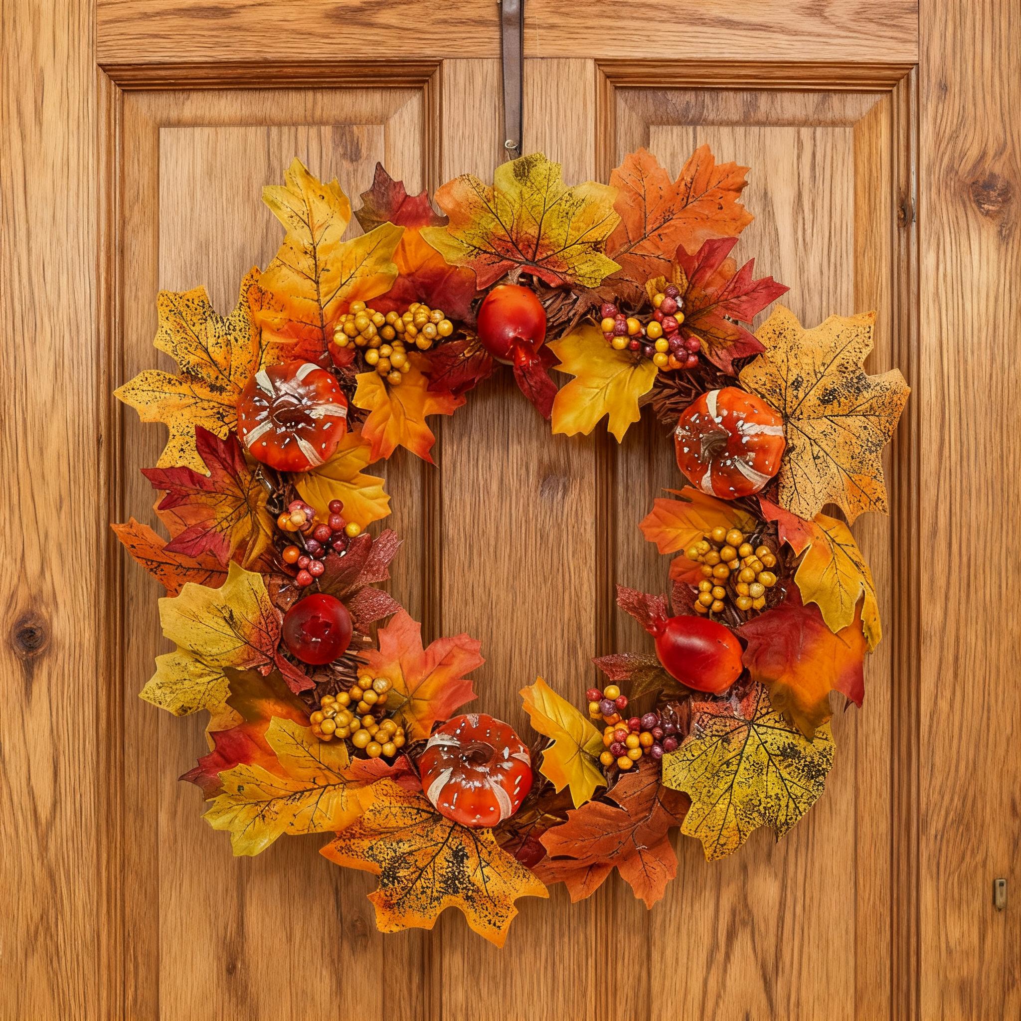 

14 Inch Fall Wreath Fall Decoration For Front Doors With Maple Leaves, Pumpkins And Berries Hanging From Indoor And Outdoor Wall One Size