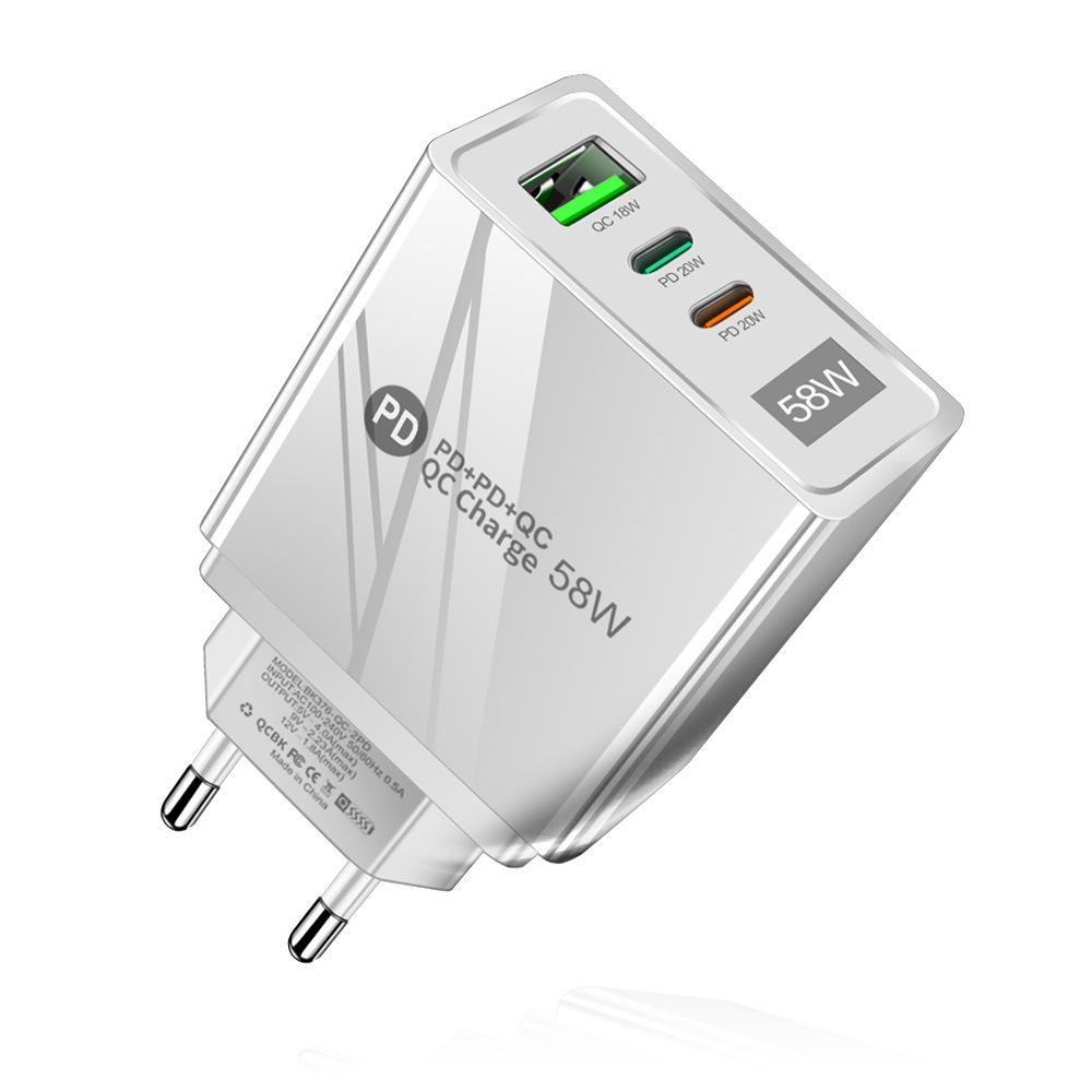 58W Fast Charging USB + Dual PD Travel Charger with EU/US/UK/KR/AU Plug, Type-C Compatible