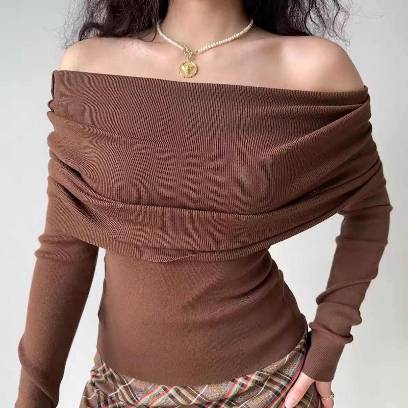 European One-Shoulder Pleated Knit Slim-Fit Sweater for Women
