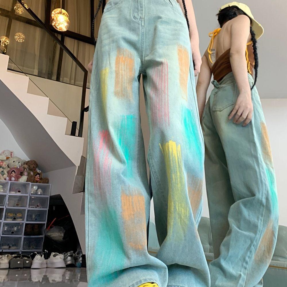

Женские летние дизайнерские джинсы с радужным градиентом, выбеленные голубые длинные брюки с высокой посадкой, свободные, прямого кроя, широкие брюки M синий