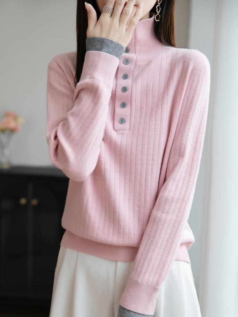 Women's V-Neck Wool Sweater - Half Button Color Block Pullover for Autumn/Winter