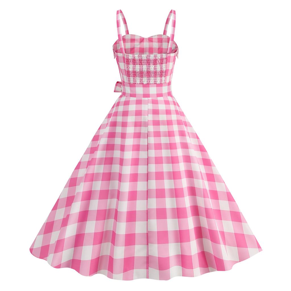 Women Vintage Dress 50s Retro A-line Big Swing Sleeveless Dot Print Contrast Color Elastic Bust High Tight Waist Backless Knee Length Evening