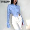 Girl's Spring Korean Style Long Sleeve Blue White Shirts Women Button Cropped Tops Polo Collar Blouses Streetwear