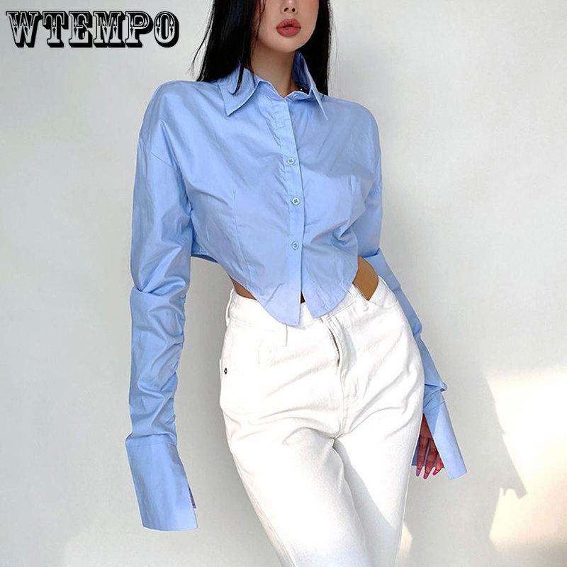 Fată de primăvară în stil coreean cu mânecă lungă, cămăși albe, albastre, femei, topuri decupate cu nasturi, bluze cu guler polo, îmbrăcăminte de stradă