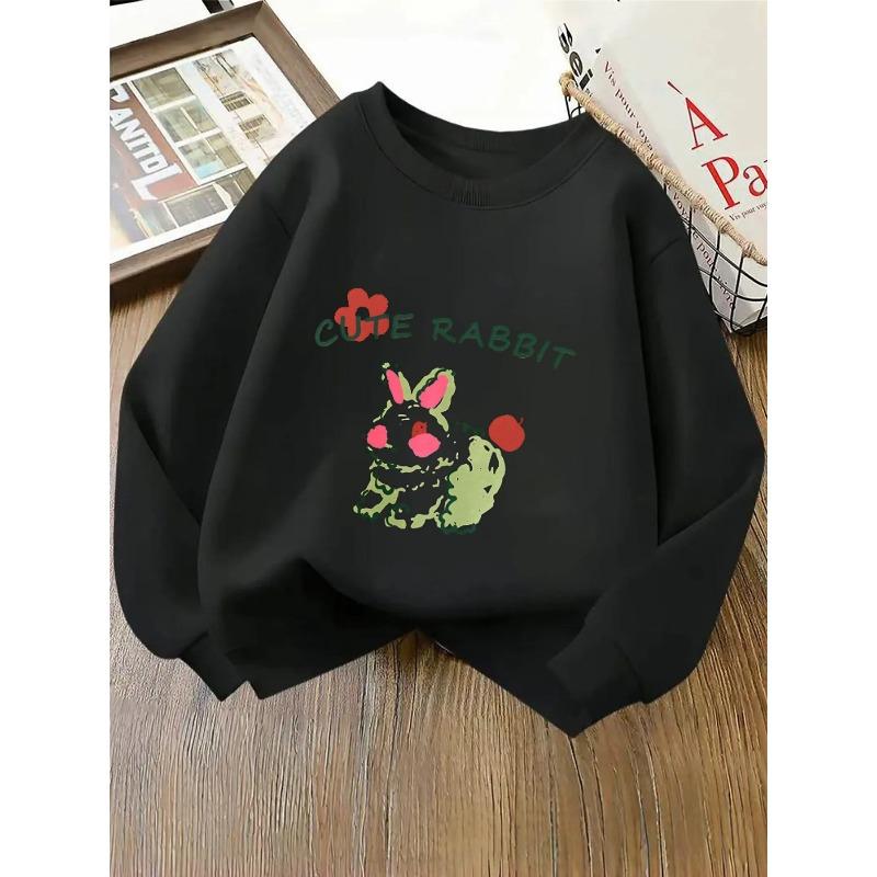 European sizes Kids' Crewneck Sweatshirt - Cute Rabbit with Flower And Apple , Sportswear And Casual Wear, Soft And Comfortable, Children's Clothing