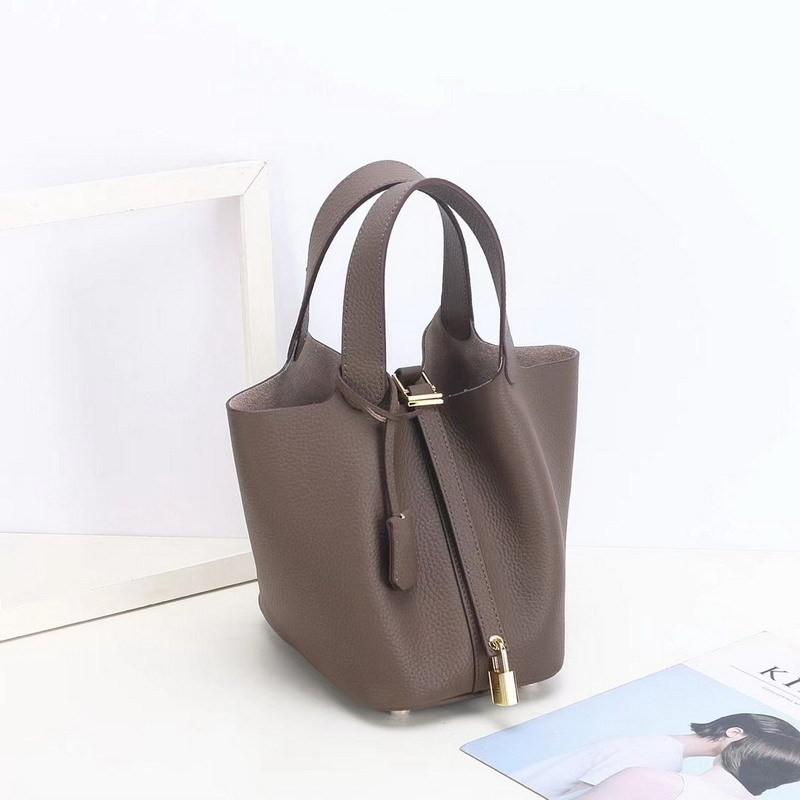 First-layer Lychee Pattern Leather Bucket Bag Brand Fashionable Gold Button Cowhide Vegetable Basket Women's