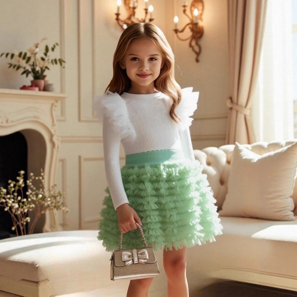 3-7Y Girls' Long-Sleeve T-Shirt + Skirt Children's Half-Skirt Spring/Fall Princess Tulle Skirt Long-Sleeve T-Shirt Puffy Skirt Set