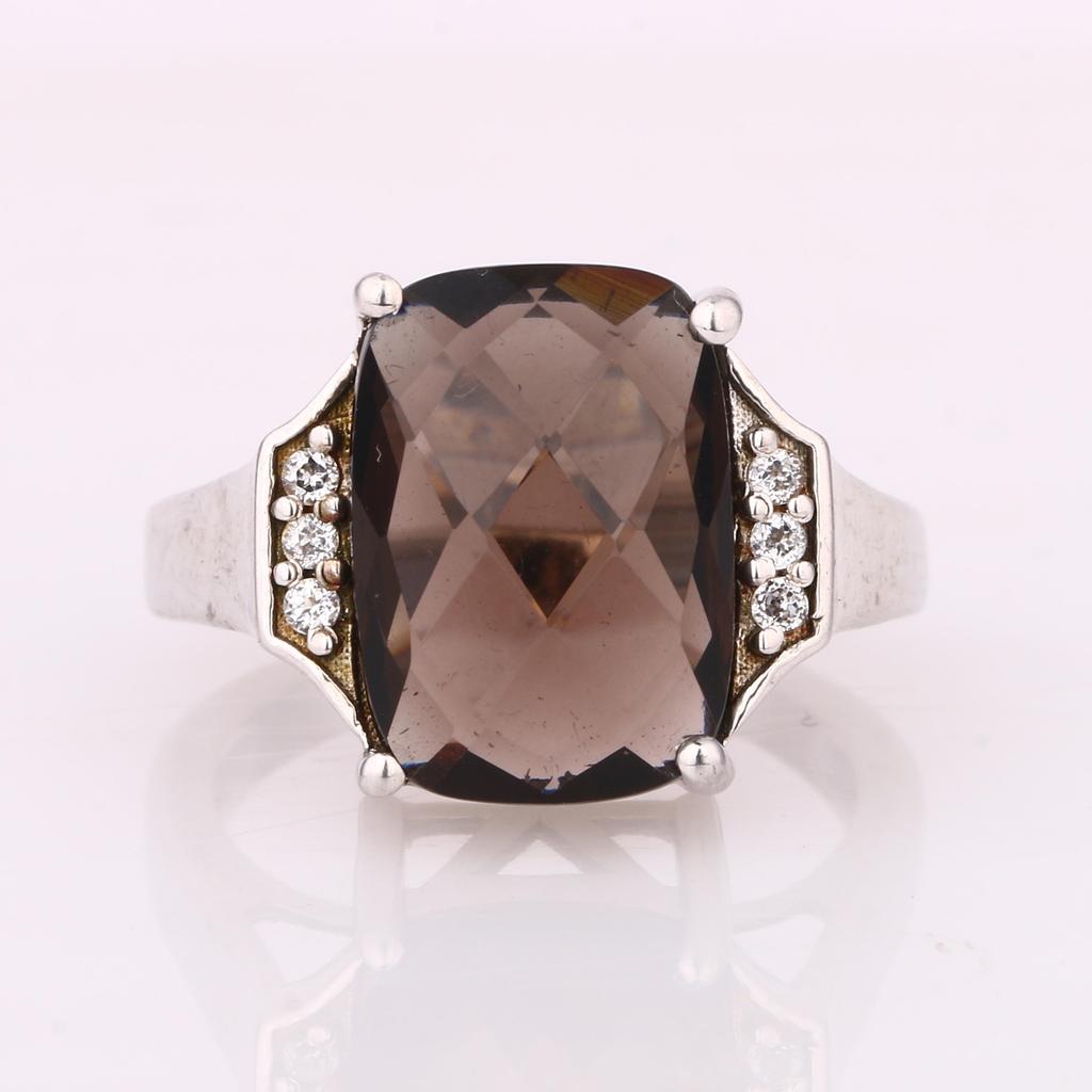 Smoky Quartz & White Topaz Ring 925 Sterling Silver Rhodium Plated Cushion Gemstone Ring for Women