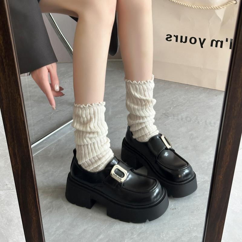 Small inner height increase thick heel loafers women's 2025 new round head platform buckle leather small leather shoes single shoes