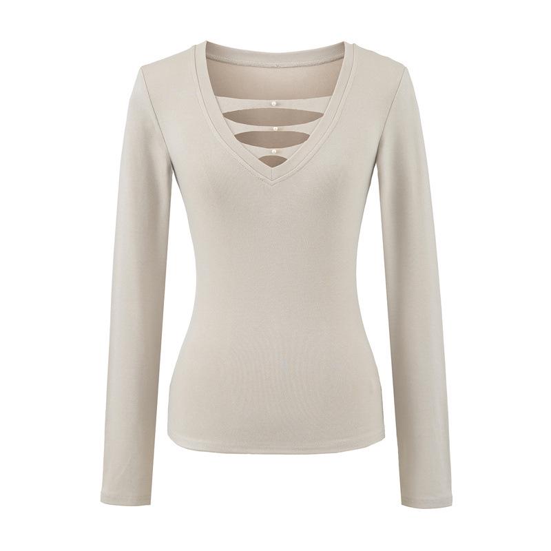 Women's Deep V-Neck Lace Design Long-Sleeve Slim Fit Top for Autumn/Winter.