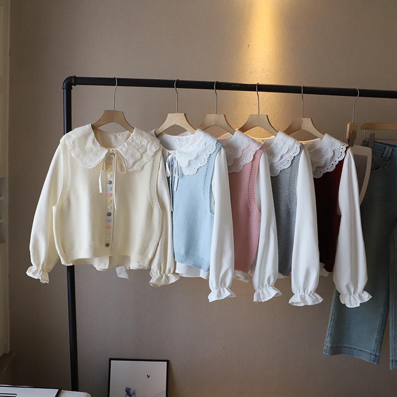 Spring 2025 Korean Style Women's Peter Pan Collar Blouse + Knit Vest Set