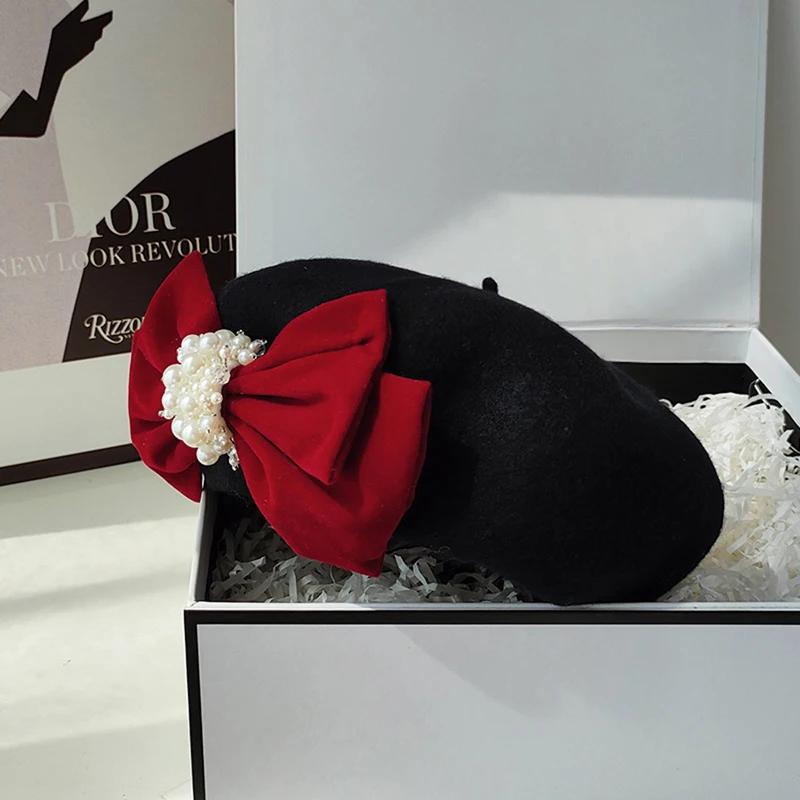 Women's Winter Wool Berets Pearl Bow Artist Beanie Cap Painter Beret for Travel, Shopping, Party