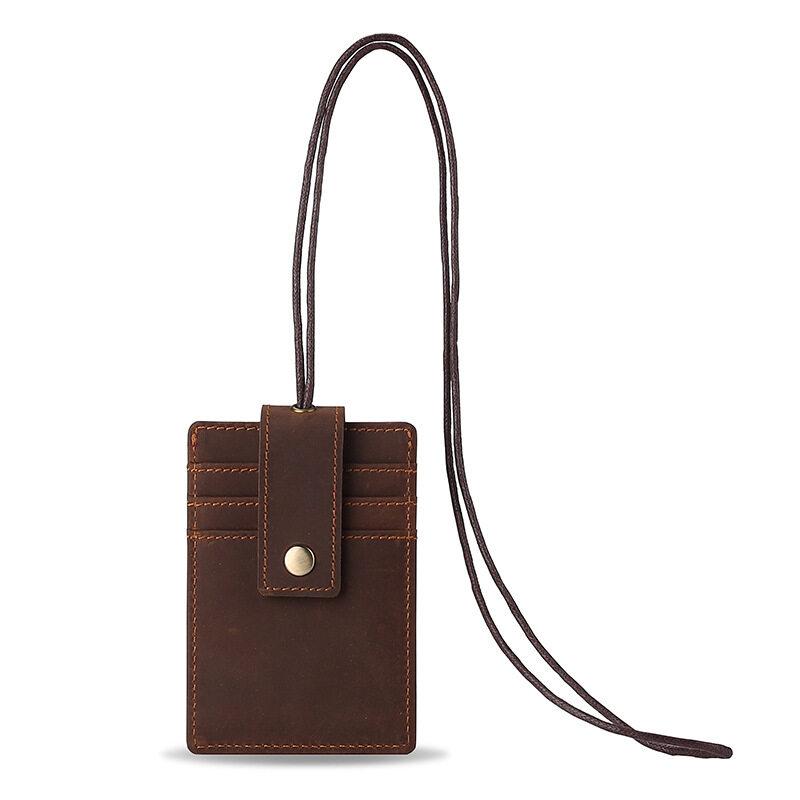 US Retro Crazy Horse Leather ID Card Badge Holder with Lanyard for Mens Multi Card Slots Coffee Cards Cases Office Supplies