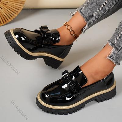 British Retro Style Loafers for Women Chunky Heel Thick Bottom Leather Pumps Spring Autumn Casual BowKnot Slip-On Women's Shoes