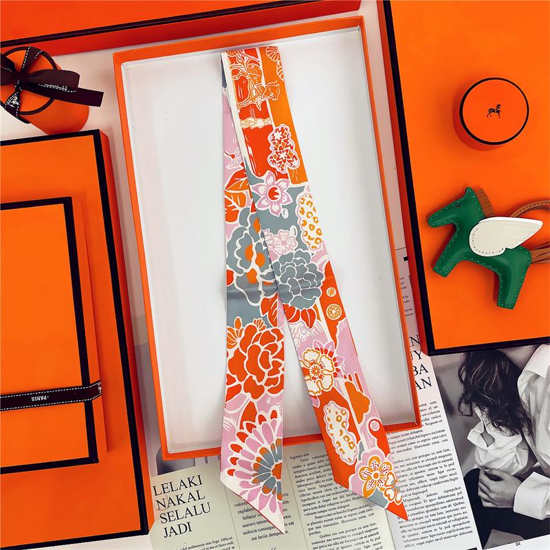 Brand Design Twill 100% Silk Scarf Luxury Print Flowers Scarf Women Foulard Skinny Bag Scarves New Hot Neckerchief Hair Headband