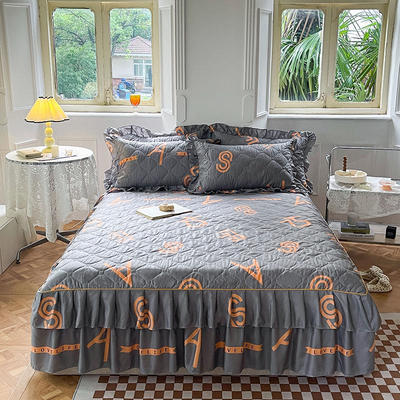 Fustă de pat prințesă matlasată cu dantelă în stil coreean – Cuvertură de pat groasă, din mătase periată, rezistentă la praf