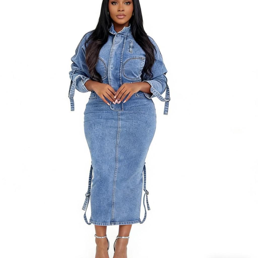 European and American Women's High Waist Unique Denim Maxi Dress