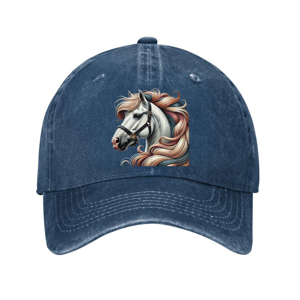 Colorful Mane White Horse Baseball Cap Denim Style Adjustable Casual Dad Hat for Unisex Adults