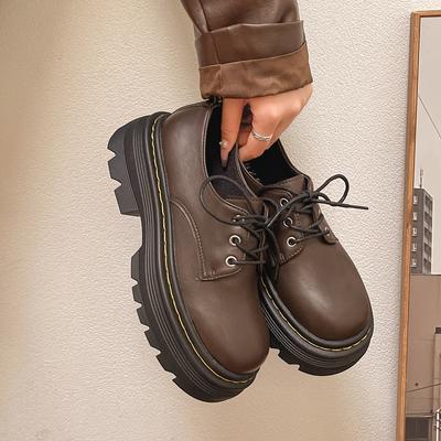 Large Size Platform British Style Lace-up Small Leather Shoes Round Head Thick Heel Autumn Retro Muffin Single Shoes Women