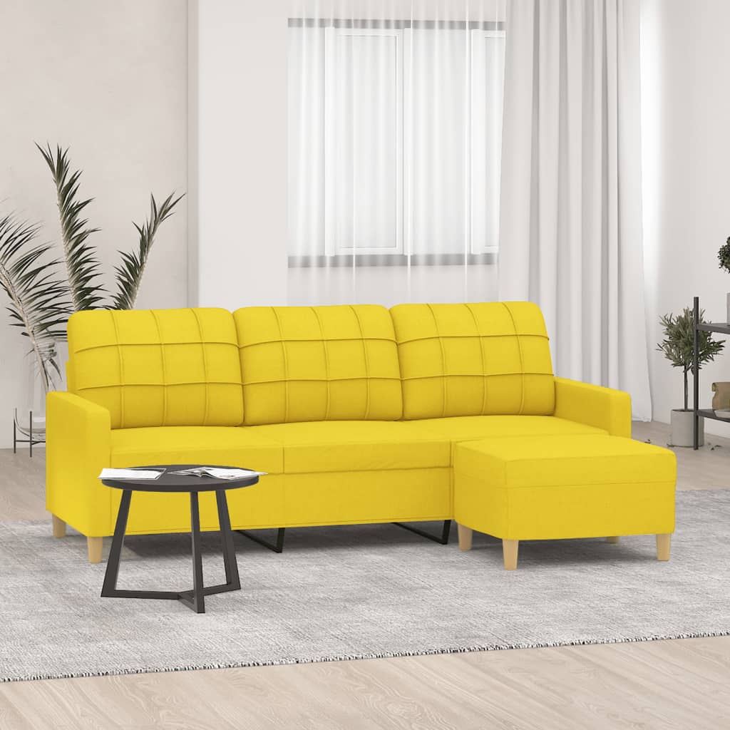 3 Seater Sofa with Footstool Light Yellow 180 Cm Fabric