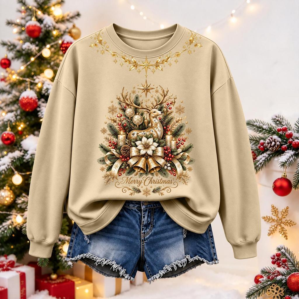 Women's Christmas Print Long Sleeve Top Casual Winter Comfortable Blouse for Holiday Wear