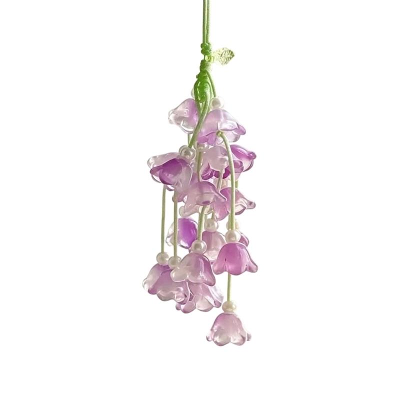 Floral Charm Strap Keychain for Bags and Phones, Valley Flower Hanging Style with Translucent Flower Drops and Bead Details