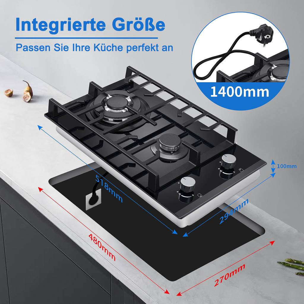 TopStrong 30cm Tempered Glass Gas Cooktop with Cast Iron Supports, 5200W, Black, Easy Installation