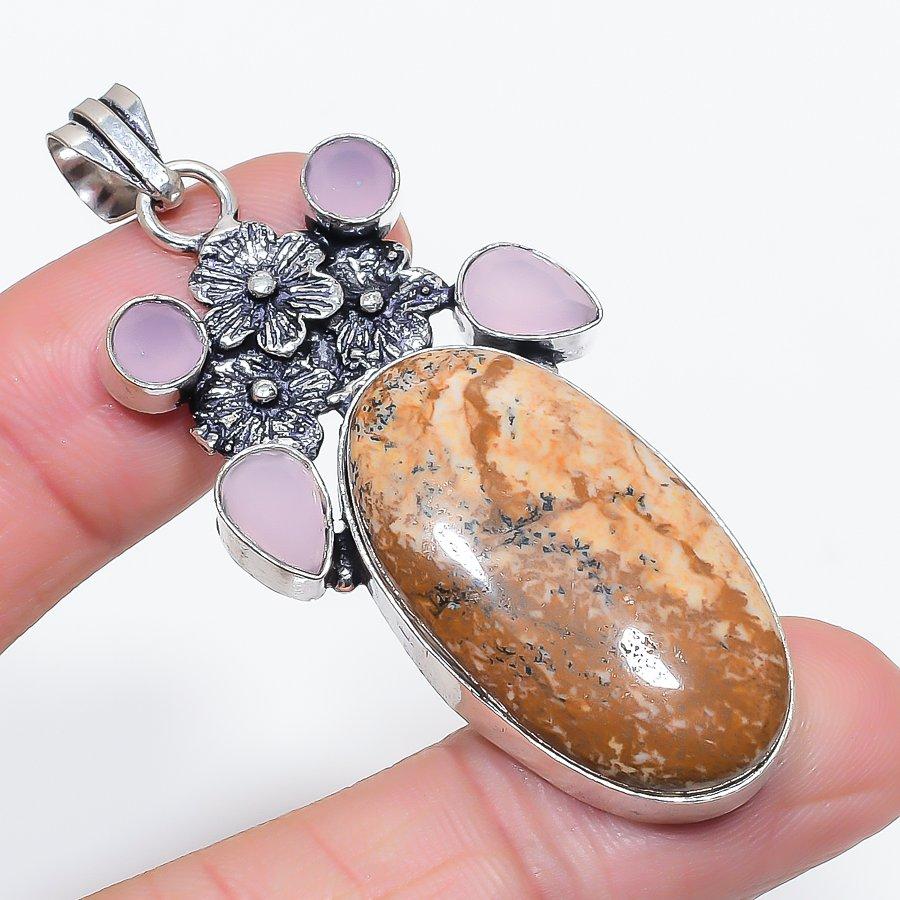 Natural Picture Jasper, Chalcedony 925 Sterling Silver Pendant 2.48" k9I82
