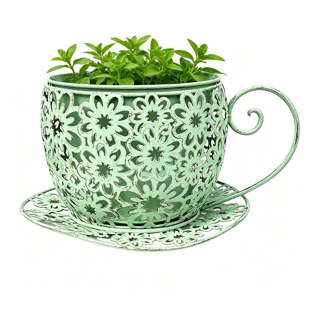 12 Inch Antique Metal Teacup Planter with Drainage Holes Decorative Rustic Iron Planter Weatherproof for Terrace Patio Yard