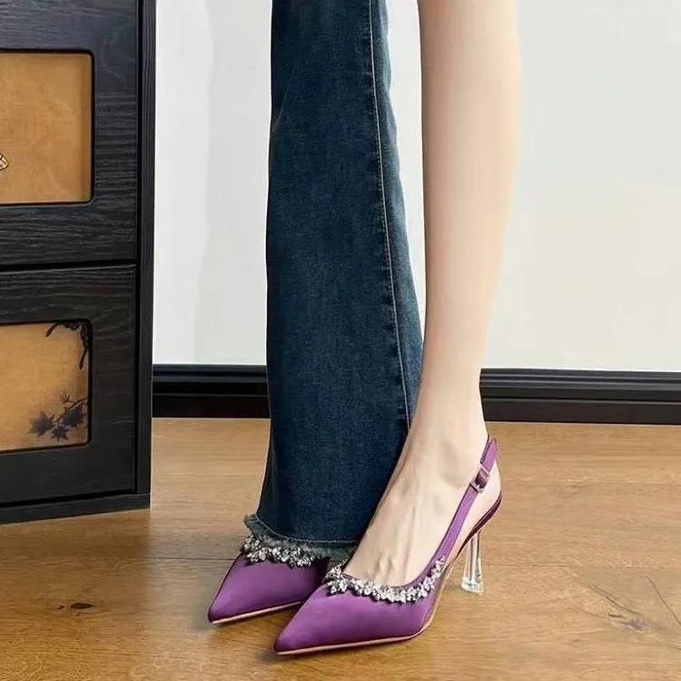 Sandali Donna Nuovi Classici Champagne Banchetto Matrimonio Scarpe Donna Sexy Strass Raso Punta Acuta Tacco Alto Sandali Donna
