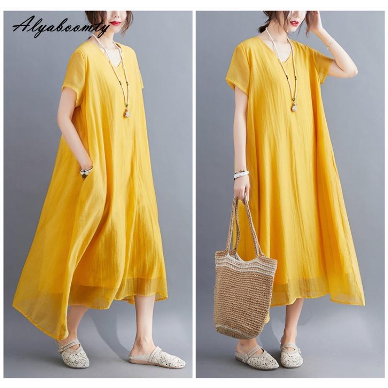 Korean Style Plus Size Summer Women Midi Dress V Neck Black White Pink Blue Yellow Orange Loose Dress Short Sleeve Casual Basic Ladies' Dress