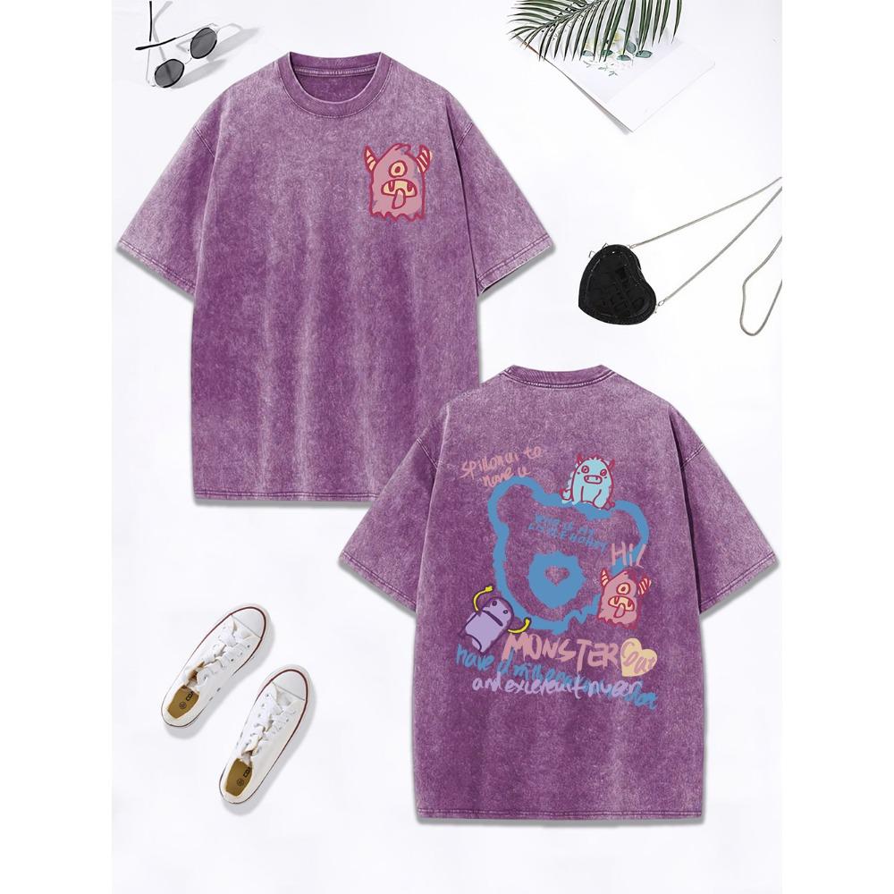 Cute Silly Monster Graffiti Prints Washed T-Shirt Womens Cotton Oversized T Shirts O-Neck Comfortable Tops Womans Clothes