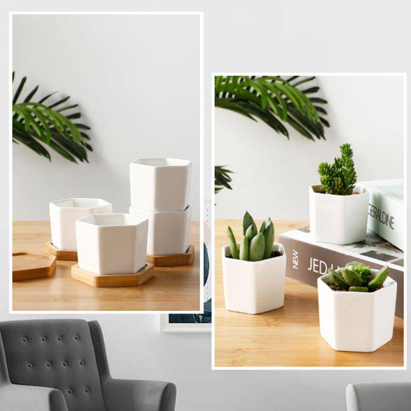Six-sided Ceramic Pot Succulent Flowerpot Set With Bamboo Support For Desktop Office Decoration (excluding Plants)