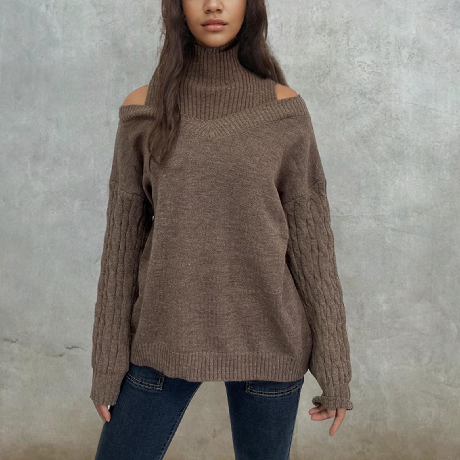 

Женский стильный свитер с открытыми плечами и полуводолазкой, свободный и большой L кофейный