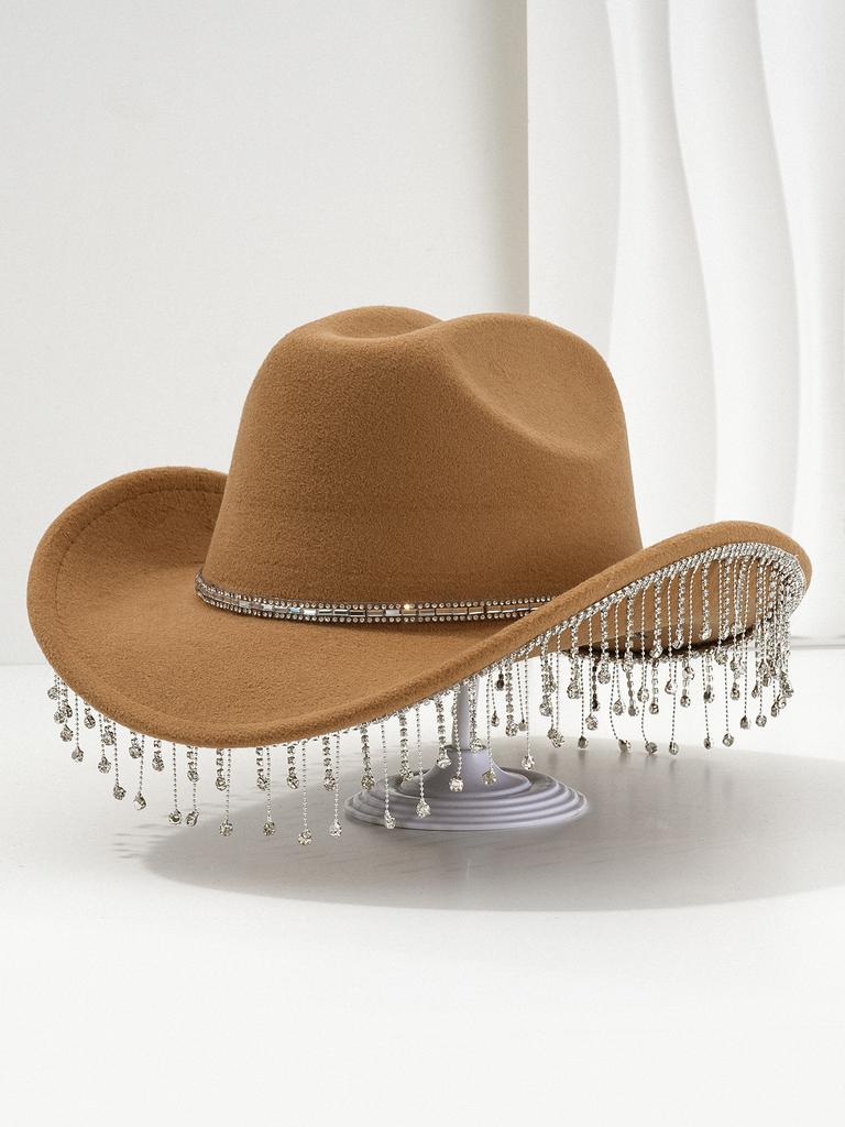 Cross-border Popular Women's Unique Sweet Top Hat Square Point Diamond Hat Chain with Rhinestone Tassel Suitable for Music Parties