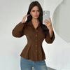 Women's Pleated Button-Down Collar Shirt With Long Collar And Bell-Sleeve Hem Solid-Color Top