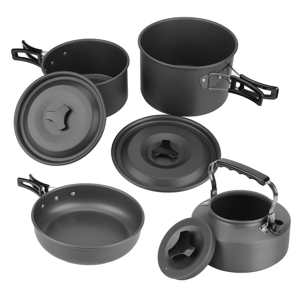 Camping Cookware Kit Aluminum Alloy Pot Teapot Fry Pan Saucer Plate Bowl Soup Spoon for Outdoor Traveling