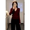 Aulude Elegant Slim‑Fit V‑Neck Sweater, Gold Decor Cuffs Ladies Fall Winter Knitwear