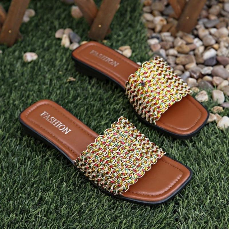 

Женские сандалии с квадратным носком, открытым носком, тканой поверхностью, мягкой подошвой, противоскользящие, износостойкие, на низком каблуке, летние шлепанцы 35