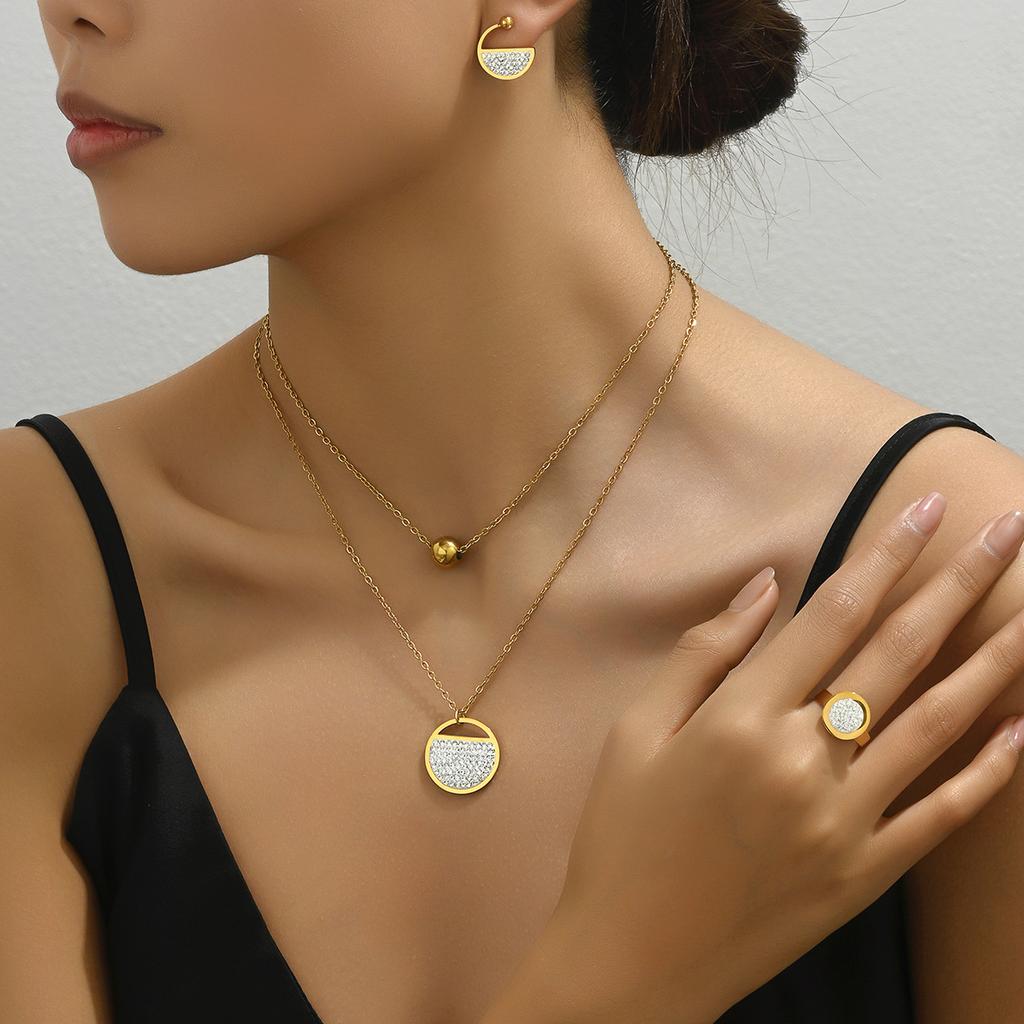 Fresh Wind Women's Ring Earrings Necklace Set Personality Zircon Round Clavicle Chain Versatile Jewelry